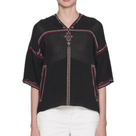 Isabel Marant Tops - ETOILE ISABEL MARANT Mekki Half-Sleeve Hooded Blouse with Embroidery